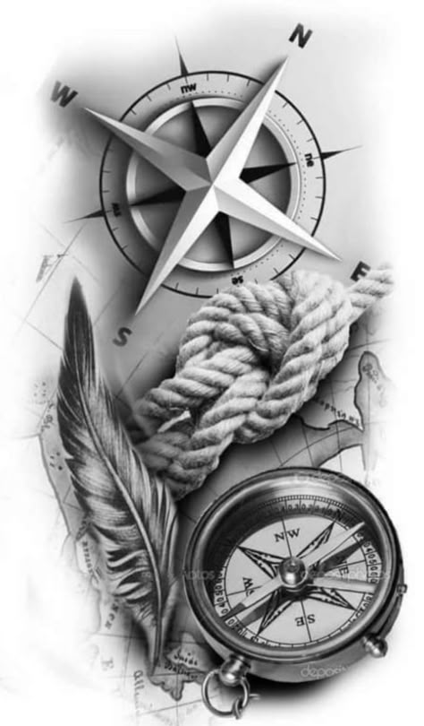 Tato Jam, Compas Tattoo, Nautical Compass Tattoo, Compass And Map Tattoo, Rope Tattoo, Compass Tattoo Men, Nautical Tattoo Sleeve, Compass Tattoo Design, Clock Tattoo Design