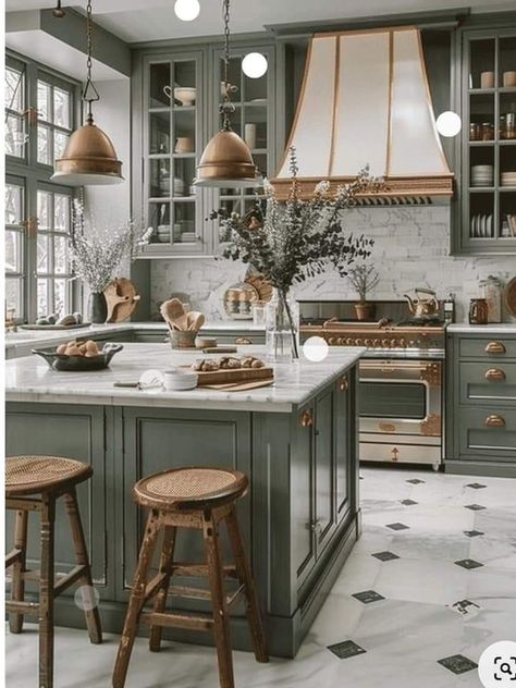 Green Kitchen Traditional, Dark Green Farmhouse Kitchen, Green Kitchen Dark Countertops, Kitchen Island Contrasting Color, Green Kitchen Design Ideas, Kitchen Ideas Dark Green, Sage Green And Gold Kitchen, Green Kitchen Islands, Kitchen With Green Island