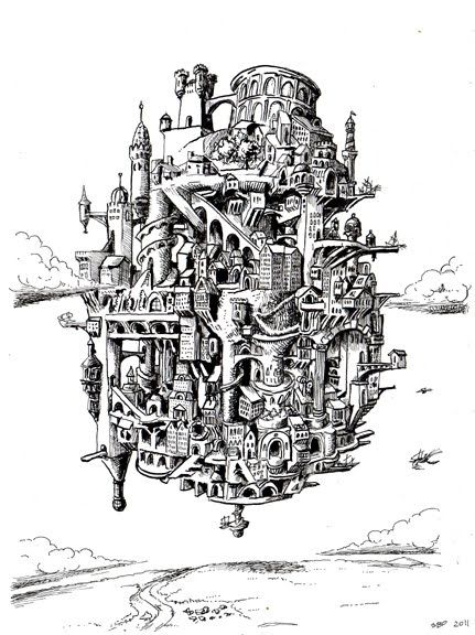 floating city Floating City Drawing, Floating City Concept Art, Floating City Fantasy Art, Castle Illustration, Fineliner Art, City Tattoo, Floating City, Water Drawing, Building Drawing