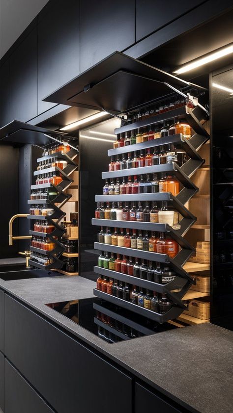 Install pop-up spice racks within countertops to save space and provide easy access during meal prep, seamlessly blending into the kitchen when not in use. Diy Kitchen Backsplash, Dream Kitchens Design, Kitchen Pantry Design, Modern Kitchen Cabinets, Luxury Kitchen Design, Kitchen Inspiration Design, Pantry Design, Dream House Interior, Design Your Dream House