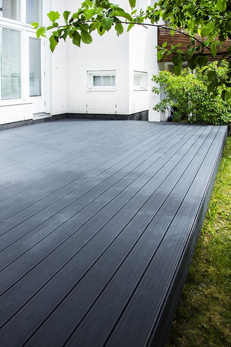 Black Composite Decking, Porch Railing Designs, Ground Level Deck, Bedroom Deck, Garden Log Cabins, Cedar Cabin, Railing Designs, Garden Cabins, Black Deck