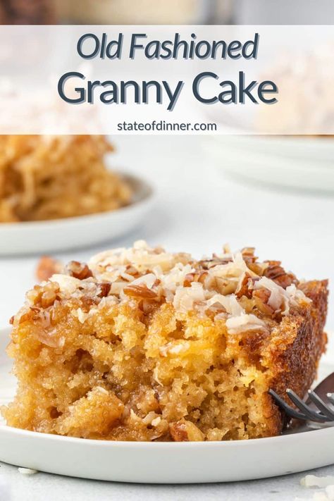 This old-fashioned Granny Cake recipe is a delicious pineapple cake with a sprinkling of brown sugar and a creamy, buttery sauce with chopped nuts and coconut poured over the top. The topping seeps into the cake making it incredibly moist and flavorful. Granny Cake Recipe, Granny Cake, Doodle Cake, Tooth Cake, Cake With Coconut, Coconut Pecan, Walnut Cake, Cake Making, Pineapple Upside Down Cake