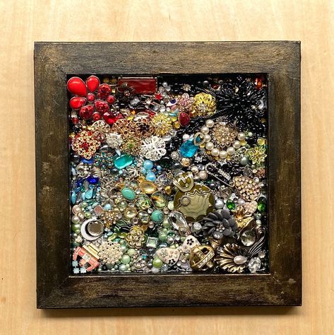 Vintage Jewelry Mixed Media Bling Original Wall Art / Unique Framed Collage of Brooches, Swarovski Crystals, Faux Gems, Pearls, more by BrightSideBeDazzled on Etsy Framed Collage, Hearts Butterflies, Jewelry Frames, Hand Painted Card, Jewelry Christmas Tree, Wall Art Unique, Vintage Jewelry Art, Acrylic Gems, Unusual Art