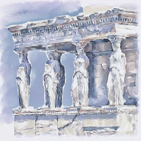 "Porch of the Maidens" | Erechteion, Acropolis, Athens | digital watercolor The Maidens, Greece Architecture, A Level Art Sketchbook, Watercolor Architecture, Figure Sketching, Gcse Art, Big Art, Acropolis, Sketchbook Inspiration