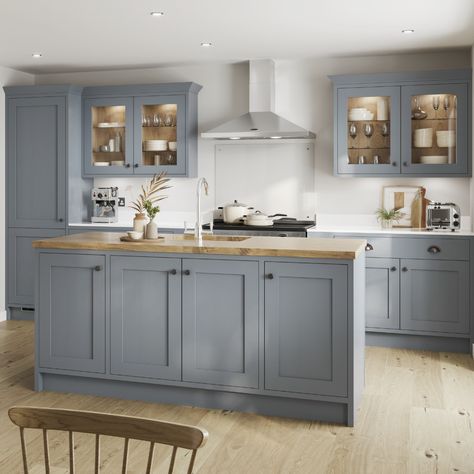 Looking to create a modern kitchen design? Our Chilcomb Dusk Blue In-Frame Kitchen is the perfect contemporary kitchen design. Pair with Howdens light white oak and our solid wood worktop, the perfect addition to a contemporary home. Dusk Blue Shaker Kitchen, Howdens Blue Shaker Kitchen, Blue Howdens Kitchen, Blue Contemporary Kitchen, Light Blue Cupboards Kitchen, Dusk Blue Kitchen Howdens, Howdens Shaker Kitchen Dusk Blue, Wren Kitchen Shaker Winter Blue, Blue Kitchen Oak Worktop