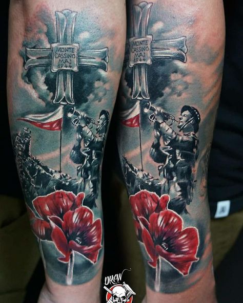 Lest We Forget Tattoo, Polka Tattoo Designs, Red Poppy Tattoo, Poland Tattoo, Trash Polka Tattoos, Polish Tattoos, Trash Polka Tattoo Designs, Soldier Tattoo, Poppy Tattoo