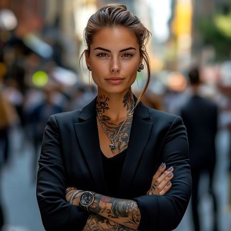 Tattooed Woman Style, Business Women With Tattoos, Classy Tattooed Women, Tattoo Arms Woman, Tattoo Model Women, Warrior Women Tattoo, Heavily Tattooed Women, Female Gangster, Look Tattoo