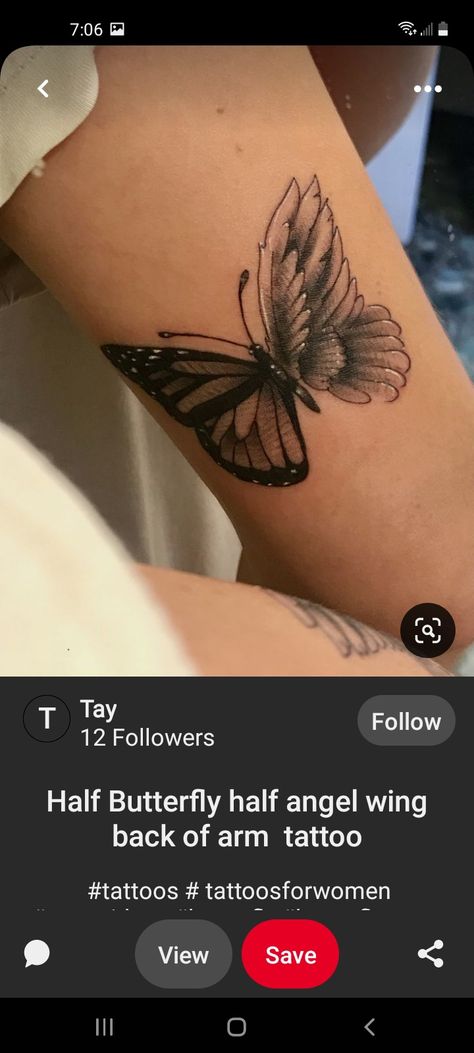 Half Angle Wing Half Butterfly, Butterfly And Wings Tattoo, Angel Wings And Butterfly Tattoo, Eagle And Butterfly Tattoo, Butterfly Tattoo For Someone Who Passed, Angel And Butterfly Tattoo, Half Angel Half Butterfly Tattoo, Memorial Tattoo Butterfly, Angel Wing Butterfly Tattoo