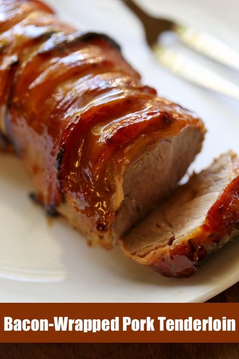 Healthy Recipes Pork, Recipes Pork Tenderloin, Bacon Wrapped Pork Tenderloin Recipes, Wrapped Pork Tenderloin, Backstrap Recipes, Pork Tenderloin Oven, Bacon Wrapped Pork Tenderloin, Oven Baked Bacon, Bacon Wrapped Pork