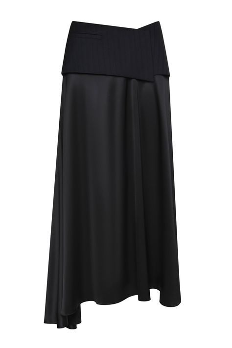 High-waist midi skirt combined from two fabrics: recycled wool upper part and organic silk bottom part. Flared, asymmetrical skirt. Overlayer belt with a clasp fastening. Decorative pockets on the belt. Belt is made from a lined fabric. Color: dark navy and black. Shell: 45% Wool; 55% Polyester / 94% Silk; 6% Elastane Made in Georgia Unique Skirts Design, Drop Waist Skirt, Tango Skirt, Body Con Dress Outfit, Skirt Inspiration, Unique Skirts, Tailored Skirt, Layer Skirt, Pocket Skirt