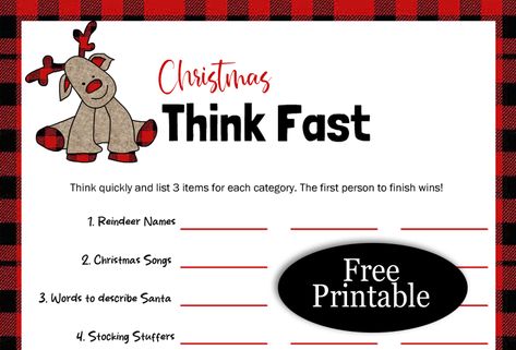 Free Printable Think Fast Christmas Game - My Party Games Free Printable Christmas Games Families, Christmas Printable Games Free, Christmas Games For Family Funny Free Printable, Free Christmas Games To Print, Free Printable Games For Adults, Free Christmas Game Printables, Christmas Think Fast Game, Free Christmas Games Printables, Think Fast Christmas Game Free Printable