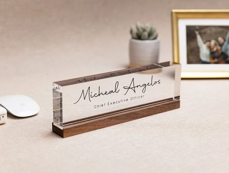 Personalized Acrylic Name Block w/ Wooden Base (Design 2) - Minimal Executive Desk CEO Sign, Job Office Decor, Graduation or Promotion Gift Job Office Decor, Job Office, Name Blocks, Desk Name Plates, Personalized Acrylic, Base Design, Executive Desk, Wooden Base, Promotional Gifts