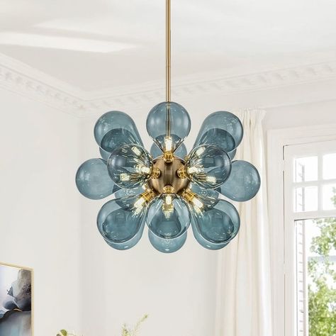 18-Light Cluster Blue Glass Bubble Chandelier - 25in Wide Gold - Bed Bath & Beyond - 37540696 Colour House, Glass Globe Chandelier, Modern Linear Chandelier, Cluster Chandelier, Cluster Lights, Bubble Chandelier, Glass Bubble, Indoor Design, Glass Balls