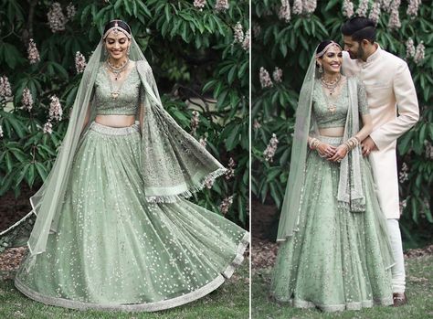 25 Minimalistic Bridal Lehengas you can mix-n-match for a whole new stunning look! | Fashion | WeddingSutra Minimalist Bridal Lehenga, Makeup For Mint Green Dress, Mint Green Lehenga, Green Bridal Lehenga, Green Wedding Dresses, Stage Wedding, Muslim Wedding Dresses, Gothic Wedding Dress, Bollywood Lehenga