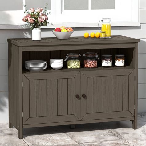 Outdoor Side Tables Outdoor Buffet, Tiny Patio, Screened Porch Decorating, Table With Shelves, Garage Outdoor, Outdoor Cabinet, Patio Flowers, Sideboard Grey, Buffet Console