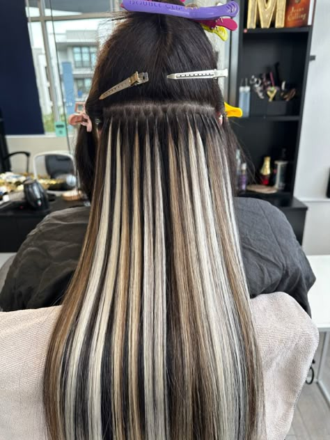 Adding highlights with extensions Blonde Highlight Extensions, Dark Brown Hair With Blonde Highlights Extensions, Hair Extension Highlights, Highlights With Extensions, Hair Extensions With Highlights, Highlight Extensions, Extension Highlights, Dark Brown Hair With Blonde Highlights, Fake Hair Extensions