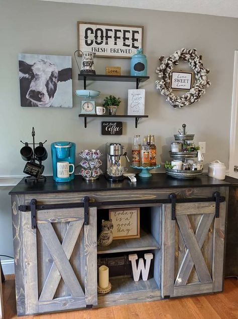 Coffee Bar Ideas Buffet Table, Western Coffee Bar Ideas, Rustic Coffee Bar Shelves, Coffee Buffet Station, Western Coffee Bar, Kureg Coffee Bar Ideas, Farmhouse Coffee Bar Wall Shelves, Coffe Bar From A Roll Top Desk, Coffee/alcohol Bar Ideas Kitchen