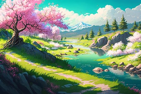 A painting of a river with a mountain in... | Premium Photo #Freepik #photo #japan-sakura #meadow #japan-landscape #grass-landscape Grass Landscape, Japan Sakura, Japan Landscape, Mountain Background, Nature Drawing, Nature Illustration, Premium Photo, 1 Million, Nature Art