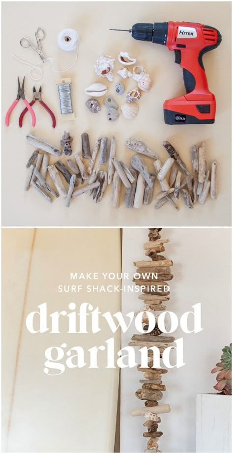 Driftwood Garland Tutorial Garland Decor Ideas, Fall Garland Diy, Driftwood Garland, Garlands Diy, Beachy Crafts, Diy Driftwood, Coastal Deco, Garland Tutorial, Driftwood Christmas Tree