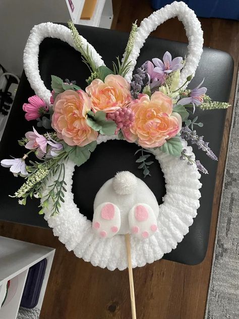 Bunny Butts Craft Dollar Tree, Dollar Tree Easter Wreath Diy, Bunny Wreath Dollar Tree, Dollar Tree Bunny Wreath Diy, Dollar Tree Crafts Spring, Grave Arrangements, Dollar Tree Bunny, Bunny Wreaths, Bunny Wreath Diy