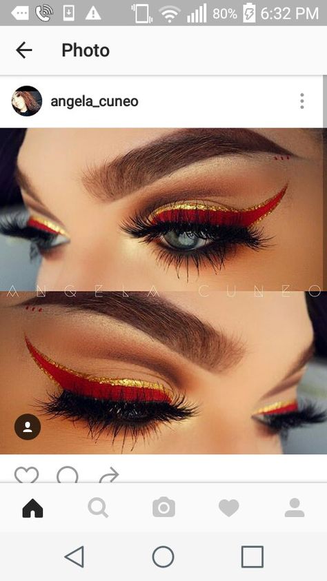 Red and gold liner Red Gold Eyeshadow Looks, Chiefs Eye Makeup, Red Black And Gold Makeup, Red Gold Makeup Look, 49ers Makeup Ideas, Red And Gold Makeup Looks For Prom, Red And Gold Eyeshadow Looks, Gold And Red Makeup, Red And Gold Eye Makeup