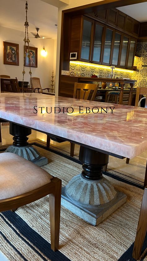 Rose Quartz dining table with hand carved black granite stone base from Studio Ebony Granite Top Dining Table, Quartz Dining Table, Granite Dining Table, Stone Dining Table, Formal Dining Tables, Granite Stone, Black Granite, Dining Areas, Wood Dining Table