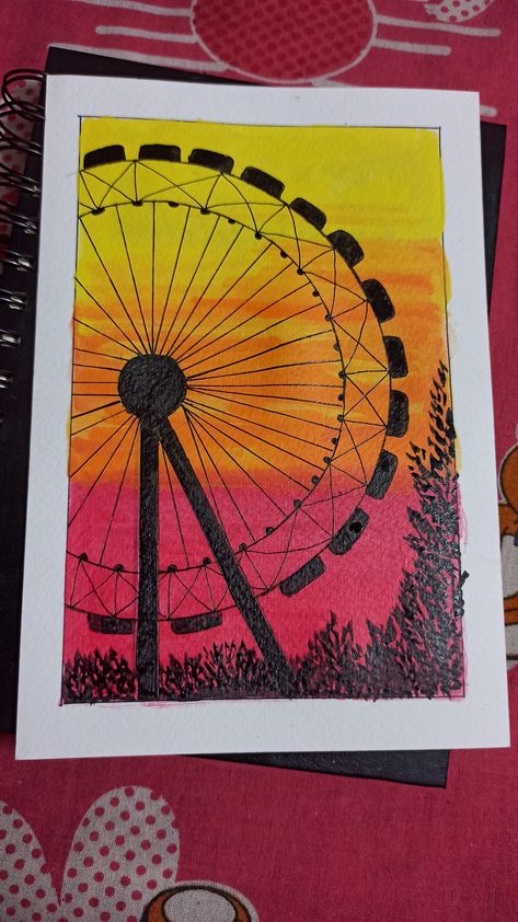 Giant Wheel Drawing, Giant Wheel Painting, Colour Wheel Drawing, Third Wheel Drawing, Colour Wheel Ideas Creative, Colour Wheel Design Ideas, Wheel Drawing, Giant Wheel, Watercolor Painting Easy