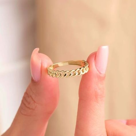 Solid Gold Chain Ring Half Eternity Cuban Link Chain Ring 14K Gold Chain Ring Stackable Ring Half Eternity Ring Gold Jewelry Gift for Her Gold Chain Ring, Stackable Rings Wedding, Gold Jewelry Gift, Eternity Ring Gold, Solid Gold Chains, Half Eternity Ring, Thumb Rings, Cuban Link Chain, Stackable Ring