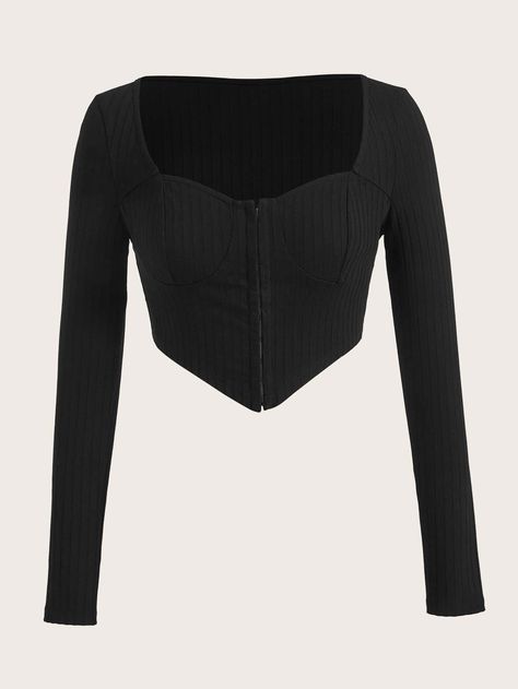 Black Sexy Collar Long Sleeve Knitted Fabric Plain  Embellished Slight Stretch  Women Tops, Blouses & Tee Parent Dr, Black Long Sleeve Crop Top, Hanky Hem, Gothic Clothes, Black Crop Top, Women T Shirts, Sweetheart Neck, Download Books, Ladies Fashion