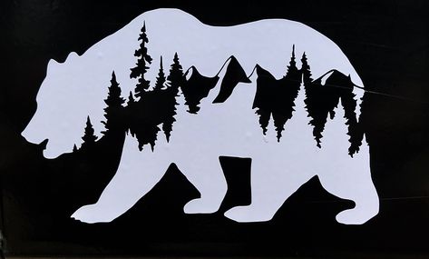 Bear with mountain camping decal. Bear Decal, Mountain Decal, Van Wall, Yeti Decals, Bear Mountain, Black Stickers, Window Decals, Transfer Paper, Laptop Decal