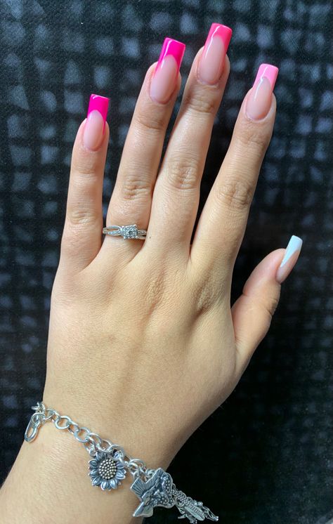 Medium Nail Ideas Pink, Thick Pink French Tip Nails, Med Square Nails, Different Pink French Tip Nails, Medium Nail Ideas Square, Bright Pink French Nails, Summer French Nails Square, Pink Full Set Nails, Light Pink Nails French