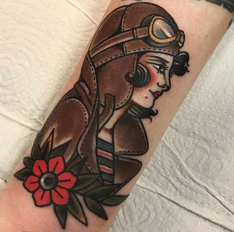 @ohjessica_o Pilot Tattoos Women, Aviator Tattoo, Traditional Tattoo Pin Up, Aviation Tattoo, Jessica O, Geek Tattoos, Historical Tattoos, Tattoo Elements, American Traditional Sleeve