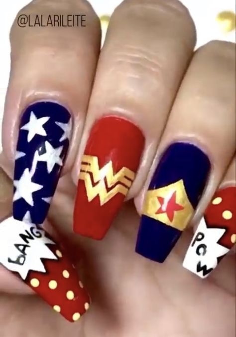 Wonder Woman Nail Art, Wonder Woman Nails, Nail Art Designs Videos, Creative Nail Designs, Nails For Kids, Toe Nail Art, Simple Nail Designs, Nail Art Hacks, Nail Polish Designs