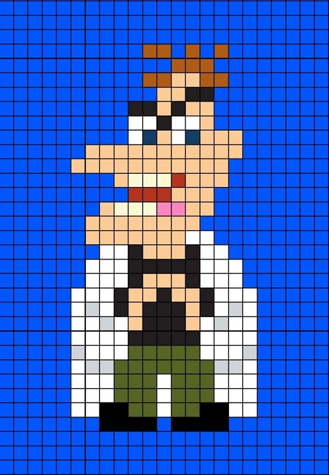 A pixel art template of Doctor Heinz D from Phineas and Ferb. Perry The Platypus Pixel Art, Phineas And Ferb Pixel Art, Shrek Pixel Art, Shrek Perler Beads, Phineas And Ferb Perler Beads, Phineas And Ferb Crochet, Perry The Platypus Cross Stitch, Disney Tapestry, Beavis And Butthead Perler Beads