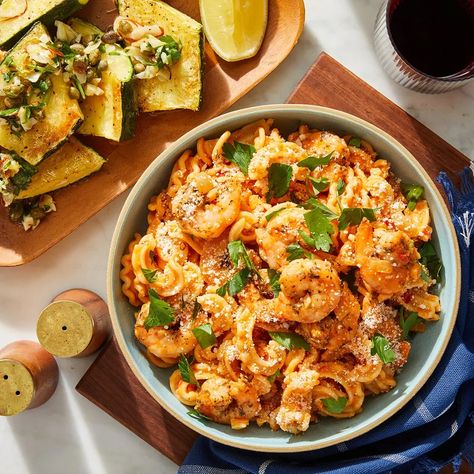 Blue Apron Recipes, Shrimp Seasoning, Vodka Sauce, Blue Apron, Fiber Foods, Pasta Shapes, Roasted Almonds, How To Cook Shrimp, Recipe Card