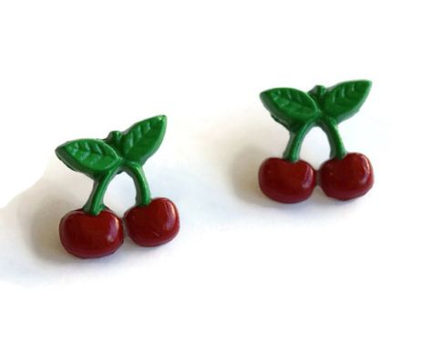 Cherry Stud Earrings, Cherry Accesories, Fruit Earrings, Nickel Free Posts, Bright Food Jewelry, Fruity Earring Posts, Polymer Clay Jewelry Clay Cherry, Parade Ideas, Happy Hat, Fruit Jewelry, Making Stuff, Fruit Earrings, Clay Figurine, Food Jewelry, Clay Ornaments