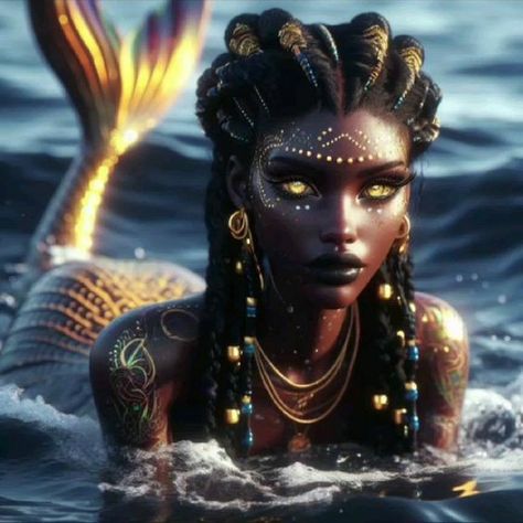 Black Siren Aesthetic, Black Power Art, Black Siren, Afrofuturism Art, African Mythology, African Goddess, Black Woman Artwork, Black Mermaid, Afrocentric Art