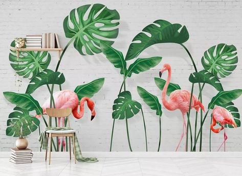 3D Palm Leaf Wallpaper, Flamingo Wall Mural, Tropical Plant Wall Decor, Fresh Wall Art, Peel and Stick, Removable Wallpaper, Wall Sticker Views Wallpaper, Flamingo Photo, Tropical Interior, Flamingo Wallpaper, Palm Leaf Wallpaper, Plant Wall Decor, Tropical Home Decor, Custom Murals, Mural Wall