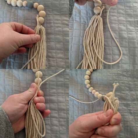 How To Make A Farmhouse Bead Garland With Attached Macrame Tassels | Hometalk Beaded Tassels Diy, Macrame Tassels, Wood Beads Diy, Farmhouse Beads, Macrame Mirror, How To Make Tassels, Wooden Bead Garland, Diy Tassel, Deco Boheme