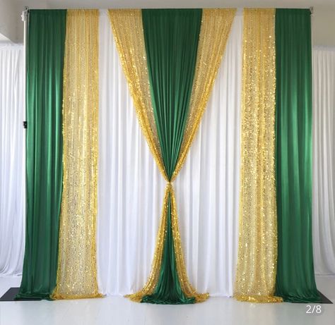 Background Curtain Decoration, Green White And Gold Backdrop, Church Backdrop Stage Design, Green And White Backdrop, Green And Gold Birthday Party Decor, Green Gold And White Wedding, Green White And Gold Wedding, Green Birthday Decorations, Gold Sequin Backdrop