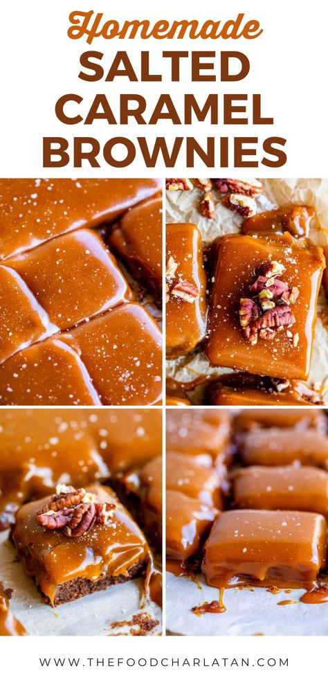 These Salted Caramel Brownies are my new favorite dessert! Rich, fudge brownies are topped with a thick layer of gooey homemade caramel, and finished with toasted pecans. Caramel Fudge Brownies, Salted Caramel Desserts, Caramel Brownies Recipe, Easy Dinner Desserts, Gooey Brownies, Salted Caramel Fudge, Caramel Fudge, Salted Caramel Brownies, Caramel Desserts