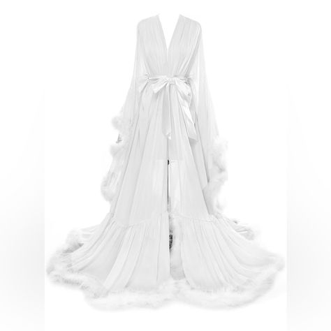 This Feather Bridal Robe Features A Delicate Chiffon Fabric And Fluffy Feather Details That Add A Touch Of Elegance And Glamour. With A Matching Satin Belt, This Robe Is Designed Specifically For A Beautiful Bride On Her Special Day. Material: Chiffon And Feather, Belt Is Satin. Care Instructions: Hand Wash Only White Only White Negligee, White Robe Dress, White Sheer Robe, White Feather Robe, Bride Nightgown, Long White Robe, White Satin Robe, Wedding Robes, Bridal Robe