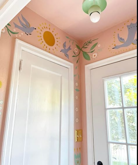 Colorful Nursery Aesthetic, Cricut Interior Design, Small Bedroom Mural, Fun Interior Paint Ideas, Painted Details On Wall, Full Painted Room, Whimsical Wall Paint Ideas, Mural In Nursery, Cute Nursery Ideas Colorful