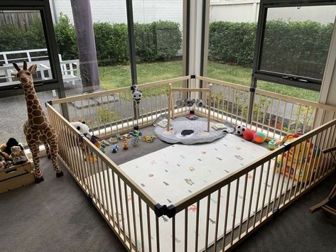 Playpen Bed Ideas, Playpen Bed, Large Playpen, Baby Play Areas, Living Room Playroom, Baby Playroom, Play Pen, Baby Playpen, Toy Room