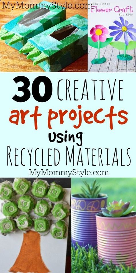 30 creative art projects using recycled materials Crafts Using Recycled Materials, Recycled Crafts Kids Projects, Recycled Material Art, Recycling Activities, Creative Art Projects, Earth Day Projects, Recycled Crafts Kids, Recycled Art Projects, Earth Day Crafts