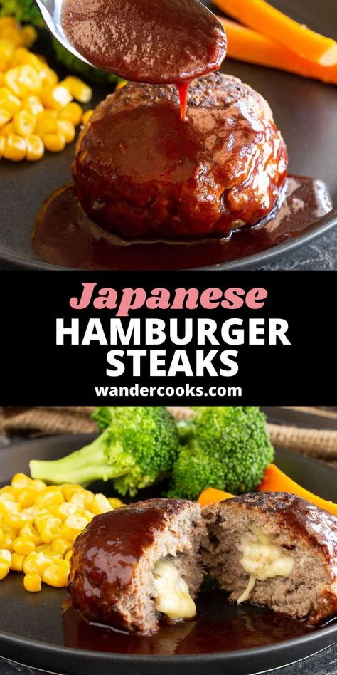 Japanese Burger Steak, Asian Hamburger Recipes, Japanese Main Course, Japanese Hambagu, Sloopy Joes, Japanese Hamburger Steak, Japanese Hamburger, Burger Steak, Hamburger Steak Recipes