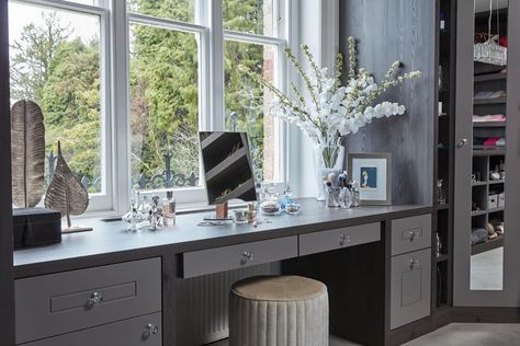 Built In Dressing Table Under Window, Window Dressing Table Ideas, Bay Window Dressing Table Ideas, Under Window Dressing Table, Dressing Table Against Window, Window Vanity Bedroom, Dressing Table By Window, Bespoke Dressing Table, Dressing Table Near Window