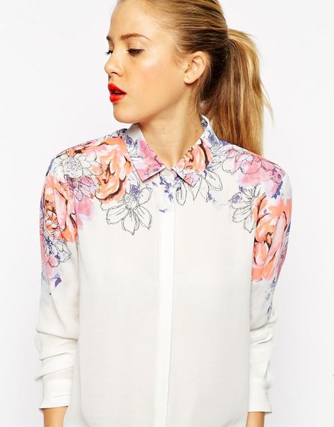 831c2f88a604a07ca94314b56a4921b8desc53192647ri White Chiffon Blouse, Chiffon Shirt Blouse, Floral Long Sleeve Shirt, Placement Print, Painted Clothes, White Chiffon, Chiffon Material, Floral White, Chiffon Shirt