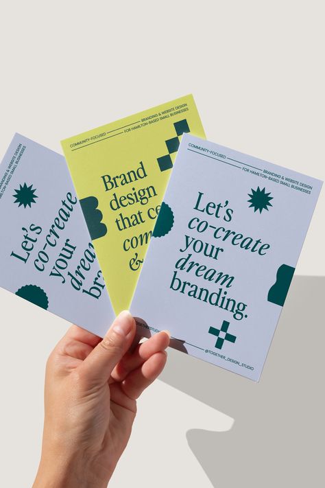 Neon yellow-green and lilac postcards that read "Brand design that centres..." and "Let's co-create your dream branding" in teal serif text, with teal shapes surrounding it. Postcard Typography Design, Business Postcard Design Marketing, Postcard Mailer Design, Brand Postcard Design, Marketing Postcard Design, Post Cards Ideas, Branded Postcard, Creative Studio Branding, Postcard Design Layout