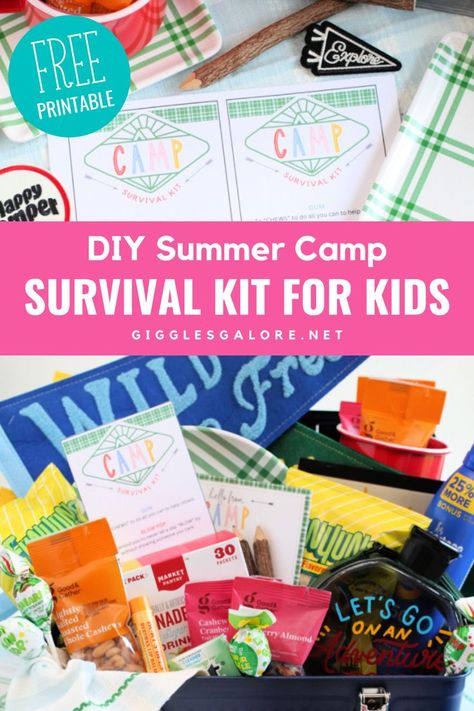 Summer Camp Basket. With Text Reading: The Best Summer Camp Survival Kit For Kids. Camp Survival Kit, Kids Survival Kit, Survival Kit Ideas, Summer Camp Care Package, Summer Camp Gift, Camp Care Packages, Care Package Ideas, Lake Fun, Creative Party Ideas